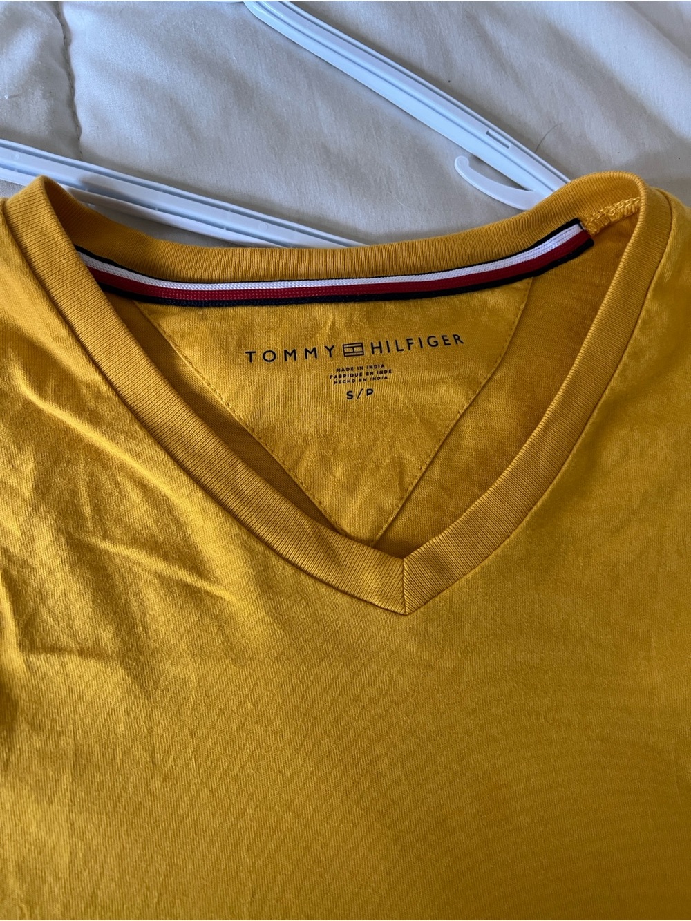 Tommy Hilfiger Men's V-Neck Tee in Mustard Yellow with Signature Trim